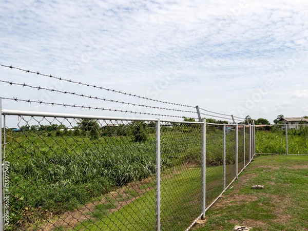 Fototapeta The metal fence with the barb on top for security.