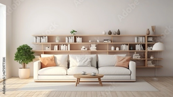 Fototapeta Bright living room interior with large sofa, bookshelves, coffee table, crockery, white wall, carpet and oak wooden floor. Concept of minimalist design. Comfortable place for meeting. 3d rendering