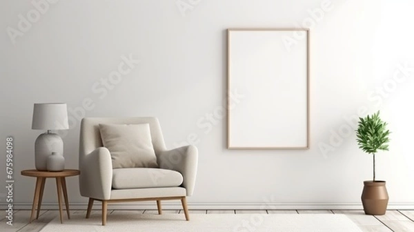 Obraz Minimalist composition of elegant living room space with white boucle armchair, photos mock up frames, carpet, coffee table, lamp, decoration and personal accessories. Copy space.