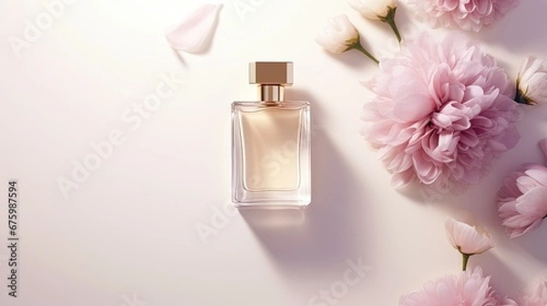 Fototapeta Top view of a square perfume bottle with a golden cap next to beautiful flowers. Beige minimal image on white background. Commercial image for perfumeries and cosmetic salons