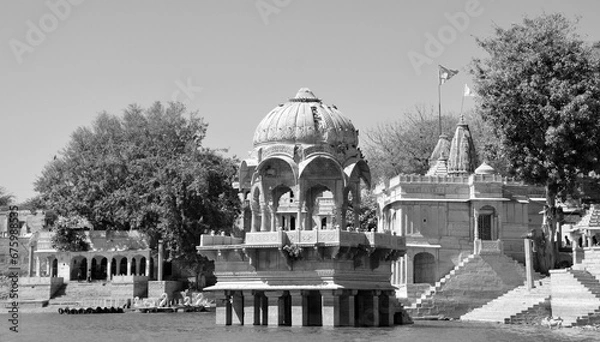 Fototapeta Gadisar lake in the morning. Man-made water reservoir with temples in Jaisalmer. Rajasthan. India
