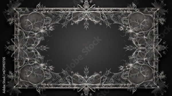 Obraz  a black and white photo of a square frame with a pattern of flowers and leaves in the middle of the frame.  generative ai