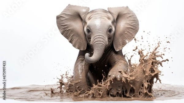 Fototapeta  a baby elephant splashing in a puddle of brown water with it's trunk in it's mouth.  generative ai