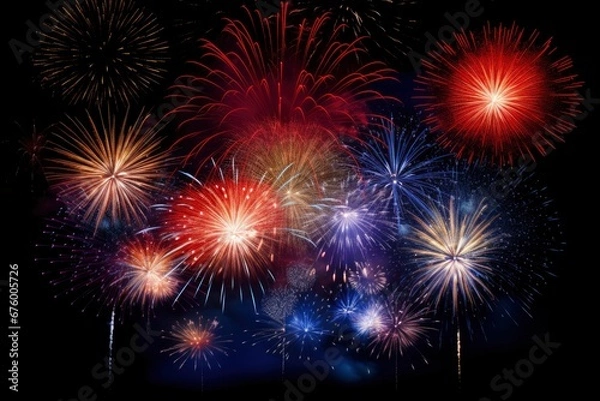 Obraz Explosions of Light and Color Illuminate the Night Sky Created With Generative AI Technology