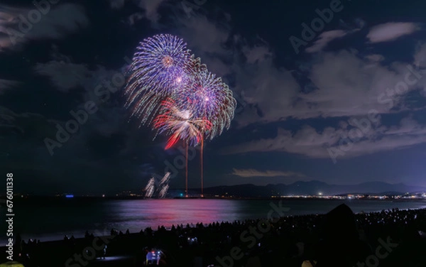 Obraz 花火と花火を見る人のシルエット