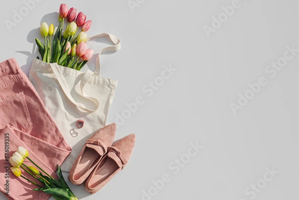 Fototapeta Fashion spring outfit. Pale pink jeans with bouquet of tulips flowers in bag,  and loafers. Women's stylish and elegant clothes with accessory and jewelry.  Flat lay, top view, overhead.