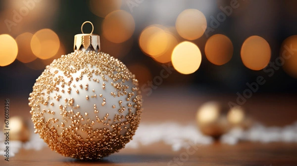 Fototapeta A Christmas scene of golden ball over table with empty copy space. Generative AI