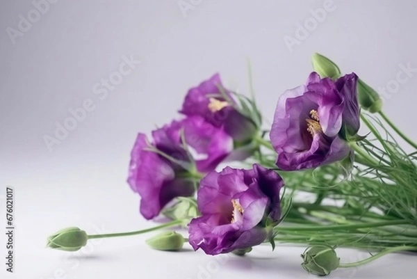 Fototapeta Beautiful purple eustoma, flowers in full bloom. Bouquet of flowers on a grey background. Generative AI