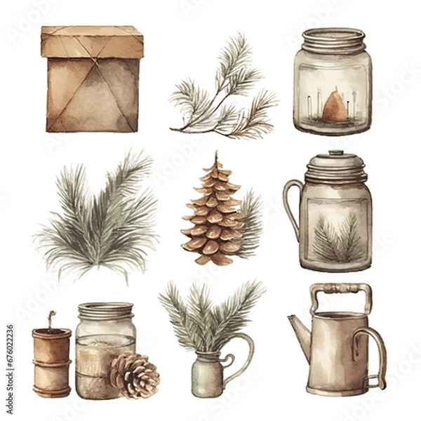 Obraz Scandinavian Christmas Watercolor Elements, without background in PDF format