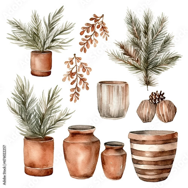 Fototapeta Scandinavian Christmas Watercolor Elements, without background in PDF format