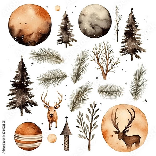 Fototapeta Scandinavian Christmas Watercolor Elements, without background in PDF format
