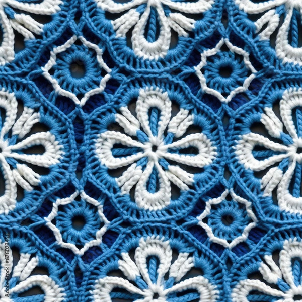 Fototapeta white and blue crochet pattern seamless texture, generative ai