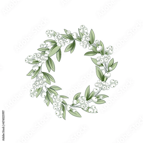Fototapeta Flora and round twig wreath of green leaves and wild white berry in Christmas season color, watercolor style.