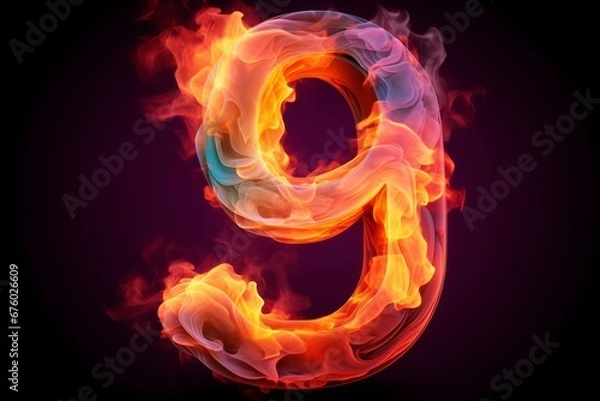 Fototapeta Magical Neon Dreams: 3D Render of Number nine with Linear Neon Outlined '9' and a Burst of Colorful Cloud in a Fantasyscape of Fire and Light