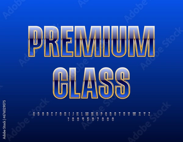 Fototapeta Vector Premium Class style Font. Blue and Gold shiny Alphabet. Elite Letters and Numbers set