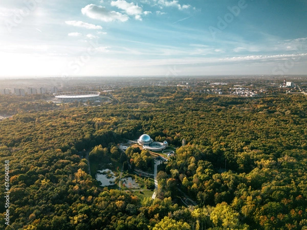 Fototapeta Park Chorzów Planetarium z powietrza - Zachód Słońca 