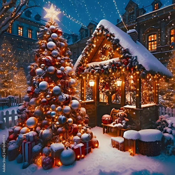 Fototapeta Christmas Idyll: Illuminated Christmas Tree in Front of the House