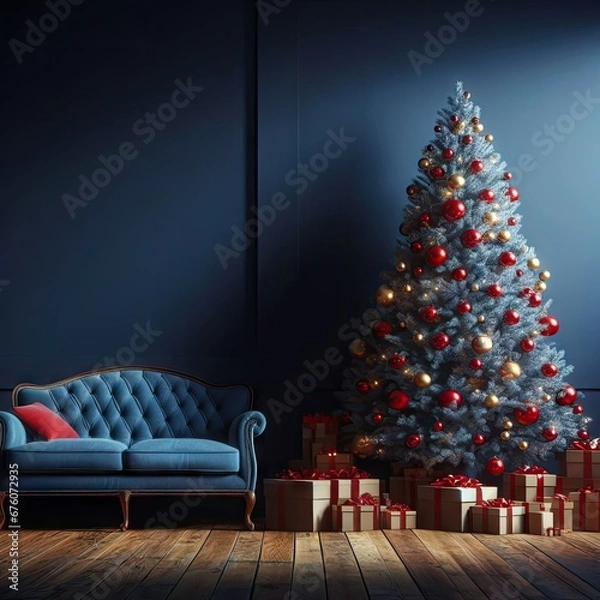 Fototapeta The wall of the dark blue room, decorated with a big fluffy Christmas tree with red and yellow balls