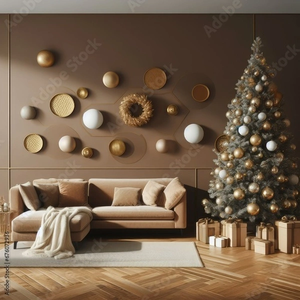 Obraz a modern wall in light brown shades, decorated in a New Year's style with golden ornaments, parquet covered with Christmas decorations, a large fluffy Christmas tree, minimalism