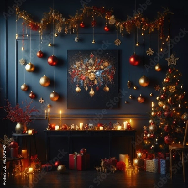 Obraz The wall of the dark blue room, decorated with a big fluffy Christmas tree with red and yellow balls