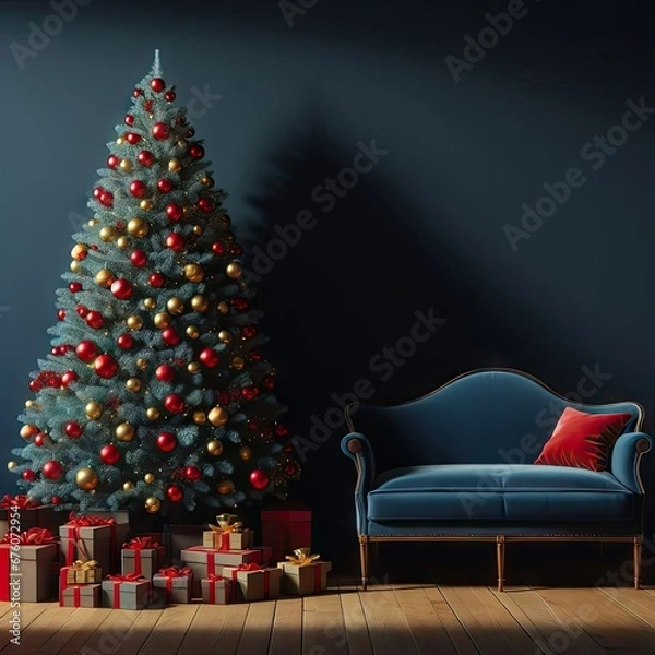 Fototapeta The wall of the dark blue room, decorated with a big fluffy Christmas tree with red and yellow balls