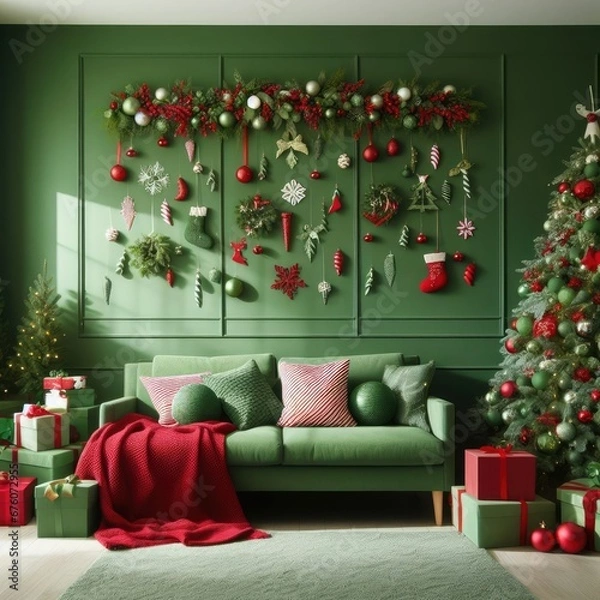 Obraz Green room wall decorated in New Year's or Christmas style in red and green colours with Сhristmas balls and tree