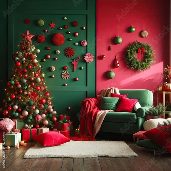 Obraz Green room wall decorated in New Year's or Christmas style in red and green colours with Сhristmas balls and tree