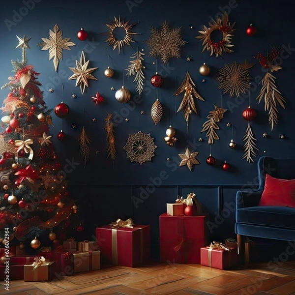 Obraz The wall of the dark blue room, decorated with a big fluffy Christmas tree with red and yellow balls