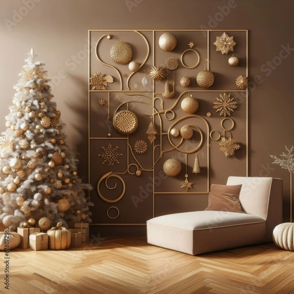 Obraz a modern wall in light brown shades, decorated in a New Year's style with golden ornaments, parquet covered with Christmas decorations, a large fluffy Christmas tree, minimalism