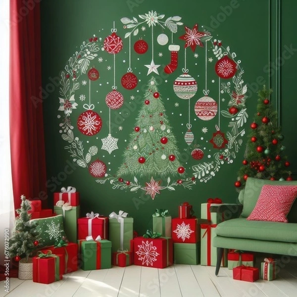 Obraz Green room wall decorated in New Year's or Christmas style in red and green colours with Сhristmas balls and tree