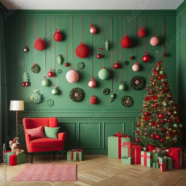 Obraz Green room wall decorated in New Year's or Christmas style in red and green colours with Сhristmas balls and tree