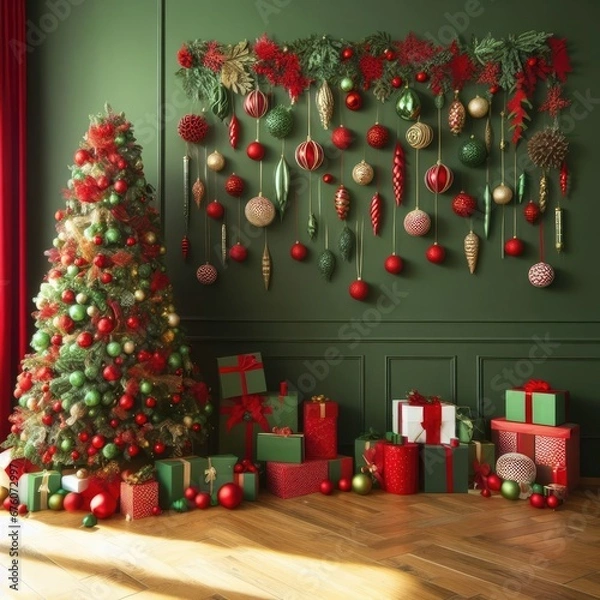 Obraz Green room wall decorated in New Year's or Christmas style in red and green colours with Сhristmas balls and tree