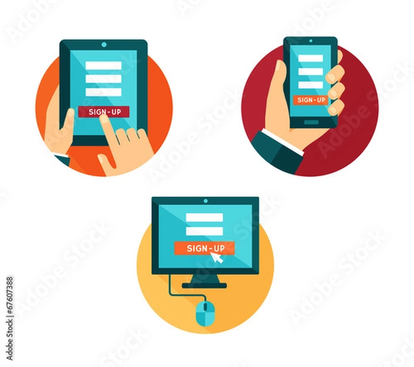 Obraz Flat icons with different devices for sign-up