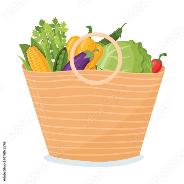 Obraz Shopping basket bag. No waste, reusable grocery eco bag with vegetables and fruits flat vector illustration. Zero waste shopping basket bag