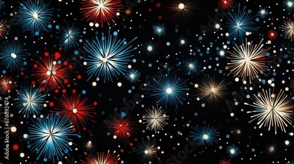 Fototapeta  a black background with red, white, and blue fireworks and confetti sprinkles on it.  generative ai