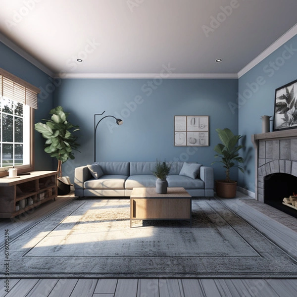 Fototapeta a living room with muted blue walls, gray wood panel floors, viewed from the 1st person perspective with 3 walls in frame, the right wall contains two windows with curtains,and a fireplace