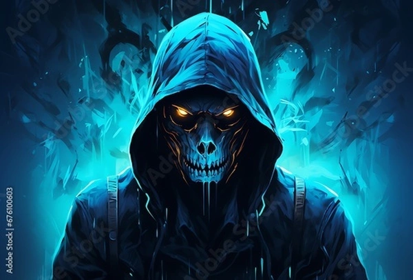 Fototapeta 3d rendering of a man wearing a hooded cloak with a skull in the background