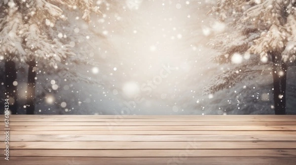 Fototapeta a beautiful snow background and an empty wooden floor. Showcase snowflakes falling and sparkling in the light, creating a serene atmosphere, ample empty space for text or congratulations.