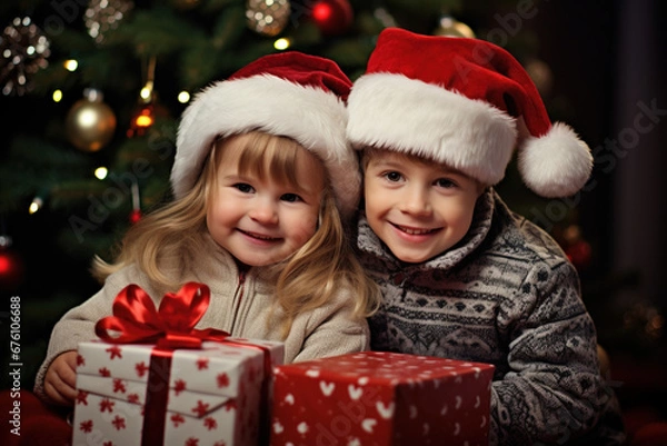 Fototapeta Brother and sister in Christmas Santa hats holding red present box with ribbow looking at camera fur bokeh tree on background. Celebrating happy Christmas Xmas New Year Eve December holiday concept
