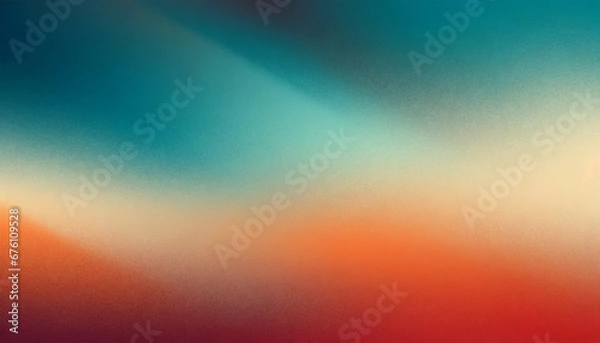 Fototapeta Blurred abstract grainy color gradient background blue teal red beige orange noise texture poster banner design