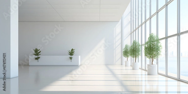 Fototapeta Empty modern office background workspace interior design white color, Comfortable office lobby interior with blank white wall and big window