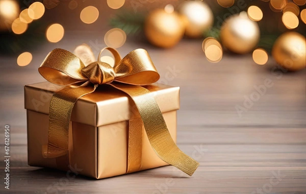 Obraz Christmas gift box with golden bow and decoration on bokeh background