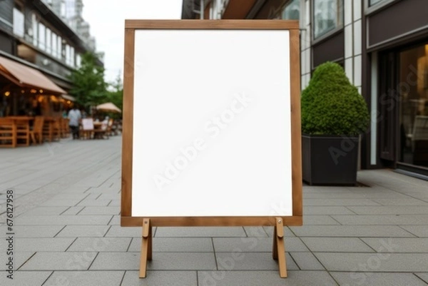 Fototapeta Blank mock up of vertical street poster billboard on city background. blank white with wooden frame signboard