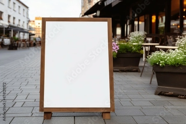 Fototapeta Blank mock up of vertical street poster billboard on city background. blank white with wooden frame signboard