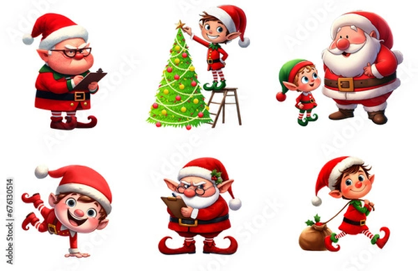 Fototapeta A set of cute Christmas Elves isolated on a transparent background