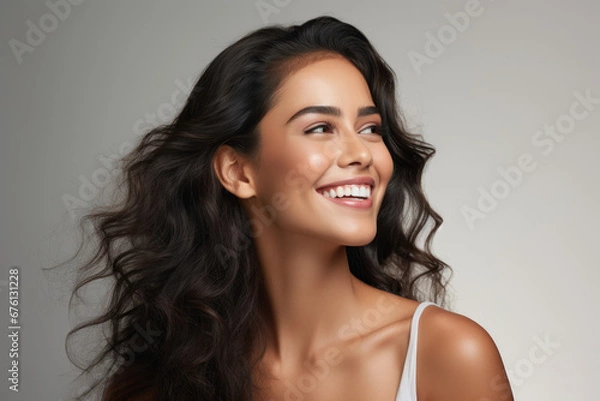 Fototapeta A close-up portrait captures a beautiful young Asian Indian model woman with a radiant smile and clean teeth, ideal for dental advertisements, set against a light background. Generative Ai.