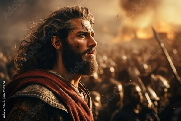 Fototapeta An illustration portrays biblical King David on the battlefield, reflecting Christian themes and concepts from the Old Testament. Generative Ai.
