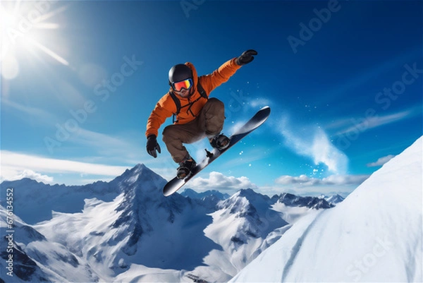 Fototapeta man going down the slope on a Snowboard in mountains