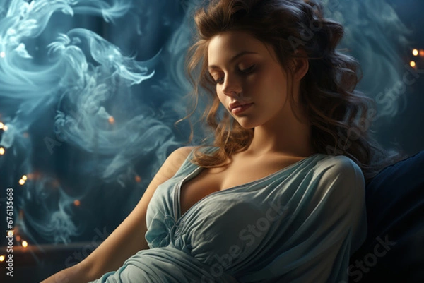 Fototapeta A woman savoring a moment of relaxation in a warm bath, providing comfort during pregnancy. Generative Ai.