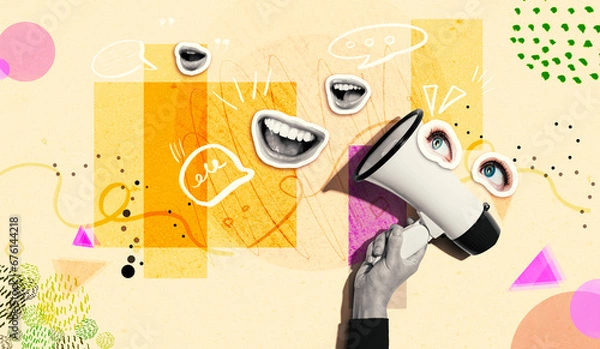 Obraz Loudspeaker with human eyes and mouth - Photo collage design